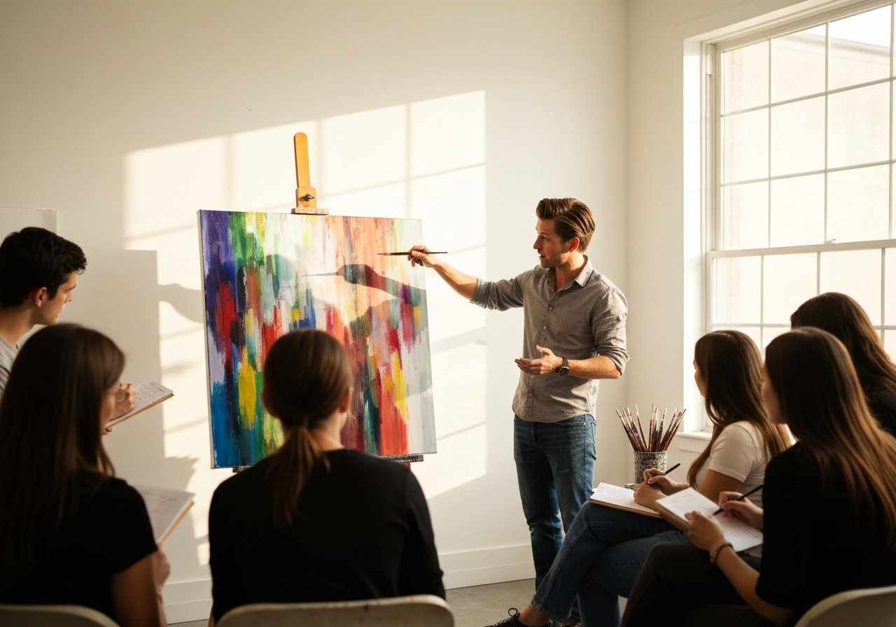 Insegnante che mostra una tecnica di pennellata su una grande tela davanti agli studenti