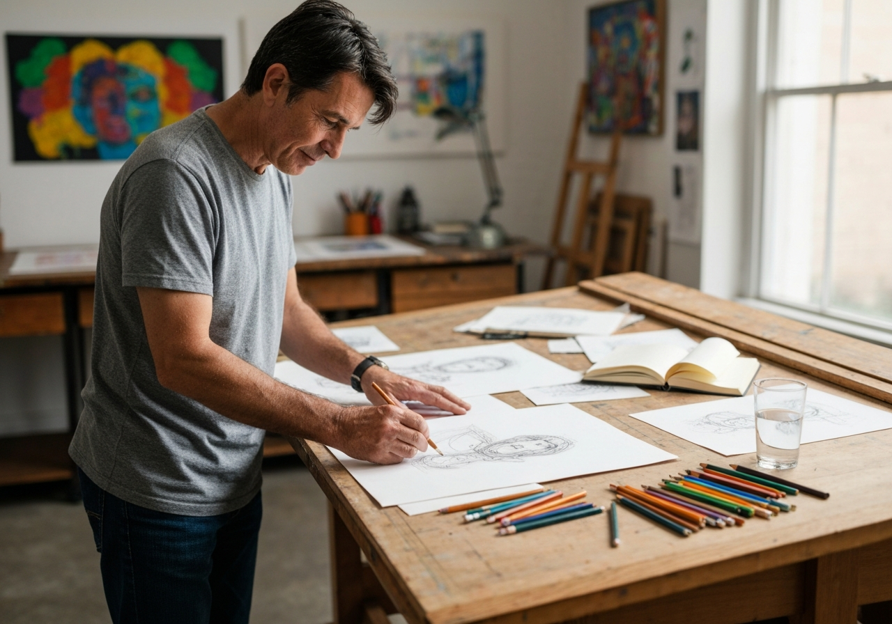 Artista che osserva e corregge bozzetti a matita su un grande tavolo da disegno