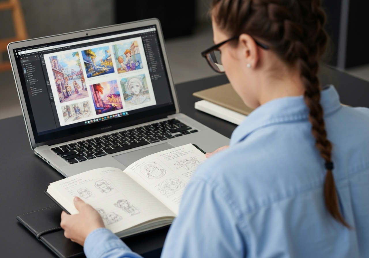 Persona che organizza il proprio portfolio di illustrazioni e dipinti su laptop e taccuino
