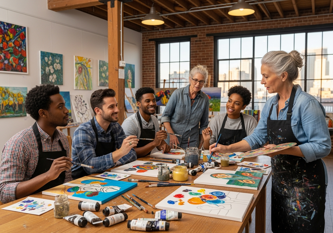 Allievi di un corso di pittura che lavorano insieme su tele e schizzi in uno studio d'arte