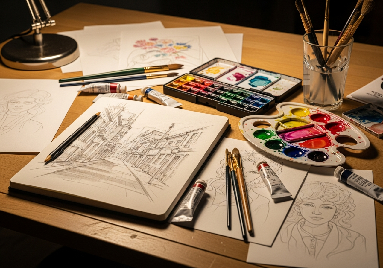 Primo piano su tavolo da disegno con schizzi, pennelli, colori e bozzetti in lavorazione